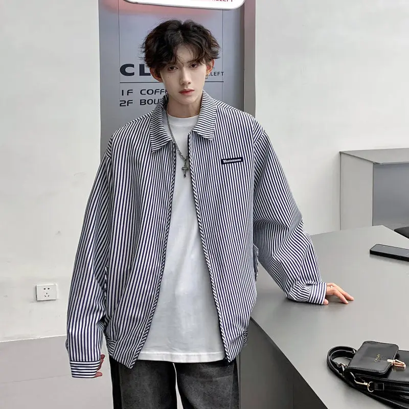 

Casual Striped Long Sve irt Men's Spring Autumn American Retro Vintage Trendy Brand Leisure irt Jaet Loose Fit Multi...