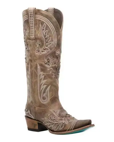 

Flower Embroidered Rivet Retro Cowboy Boots Thick Mid-Heel Pull-On Large-Size Botines Soft Leather Comfortable Women Botas