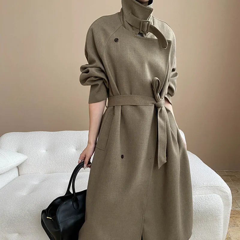 HKSH Autumn Winter New Women's Long Overcoat British Style Color Block Lapel Belt Double Breasted Retro Chic Tide Jacket HK13951