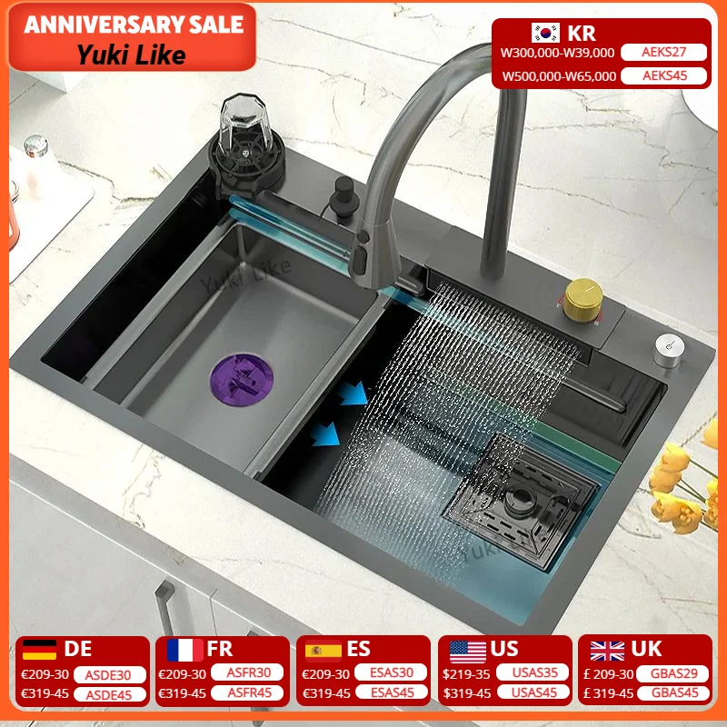 

Kitchen Sink Stainless Steel Large Single Slot Multifunctional Tank Wash Basin With Waterfall Faucet Lowe Price