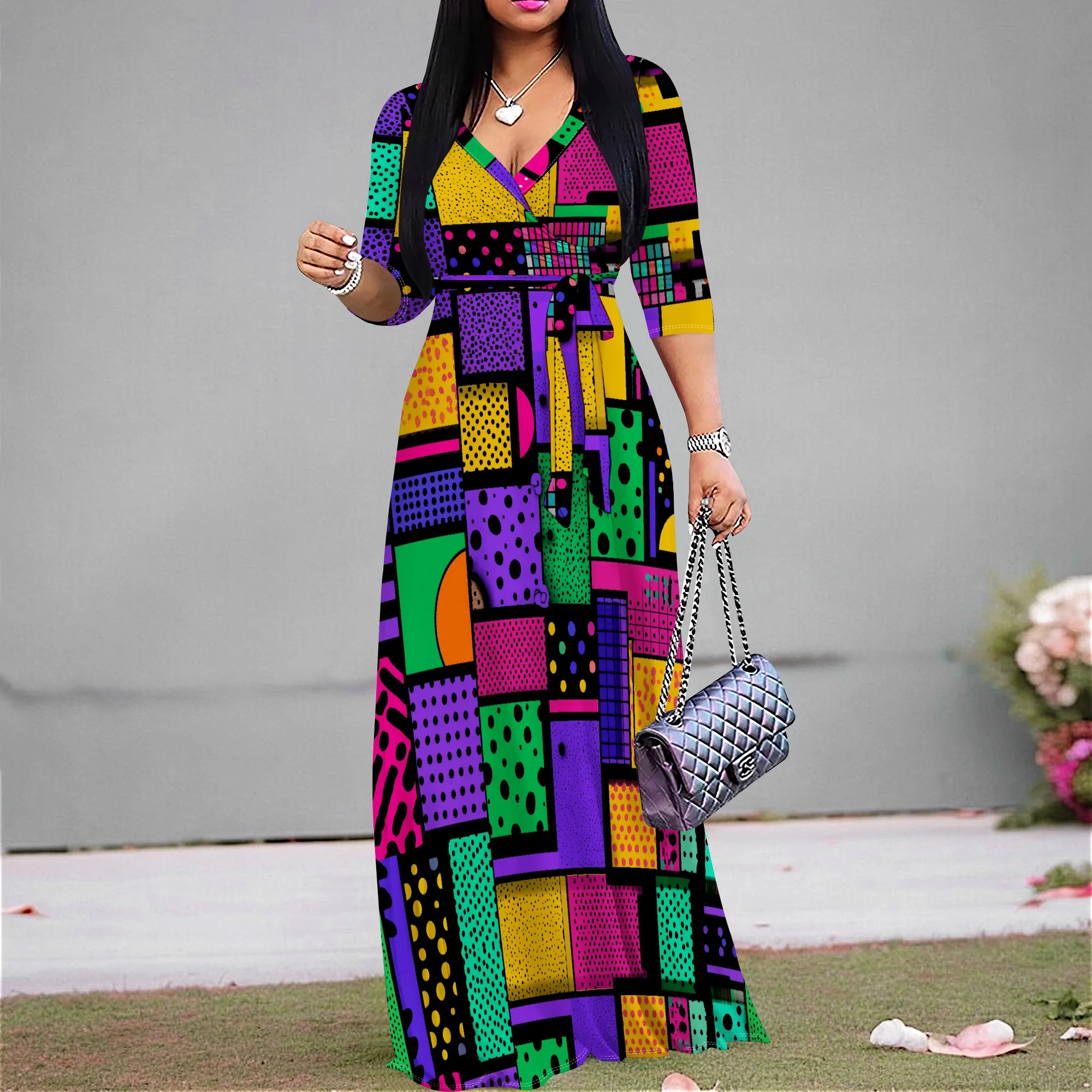 

Women's Colorful Patchwork Print Wrap Maxi Dress V-Neck 3/4 Sleeve Boho A-Line Summer Party Dress XS-3XL