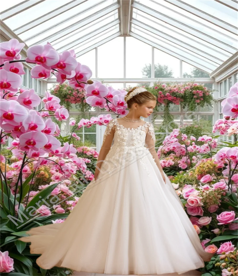 

Ivory Elegant Flower Girl Dress With Transparent Long Sleeves Lace Appliqué For Children's Communion Wedding Birthday Dress