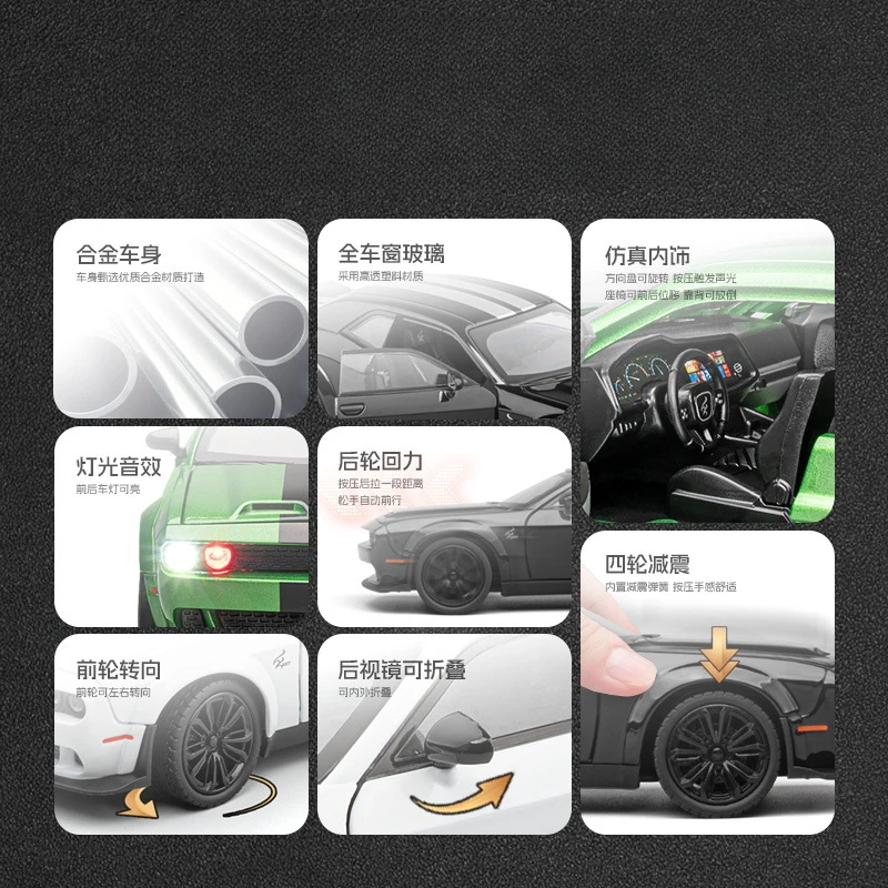 1:22 Challenger SRT Hellcat Demon EyesโลหะผสมDiecastรุ่นรถของเล่นล้อดึงกลับSupercarแสงเสียงของเล่นสําหรับเด็ก