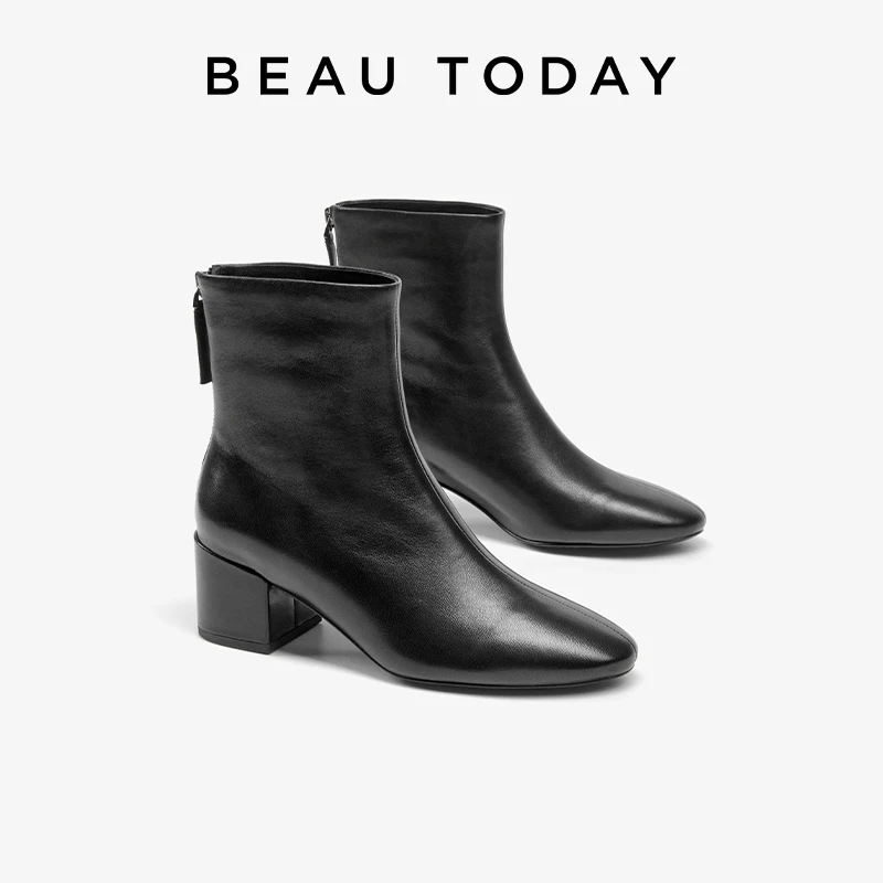 BEAUTODAY Ankle Boots Women Genuine Sheepskin Leather Round Toe Solid Color Sewing Zipper Ladies Shoes Handmade Handmade 03D78