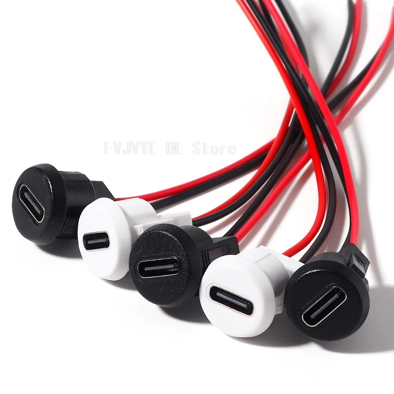 Type-c Female 2-pin Connector Female Socket Black Round Waterproof Soldering Wire Socket Quick Charging Port Charger Plug D5