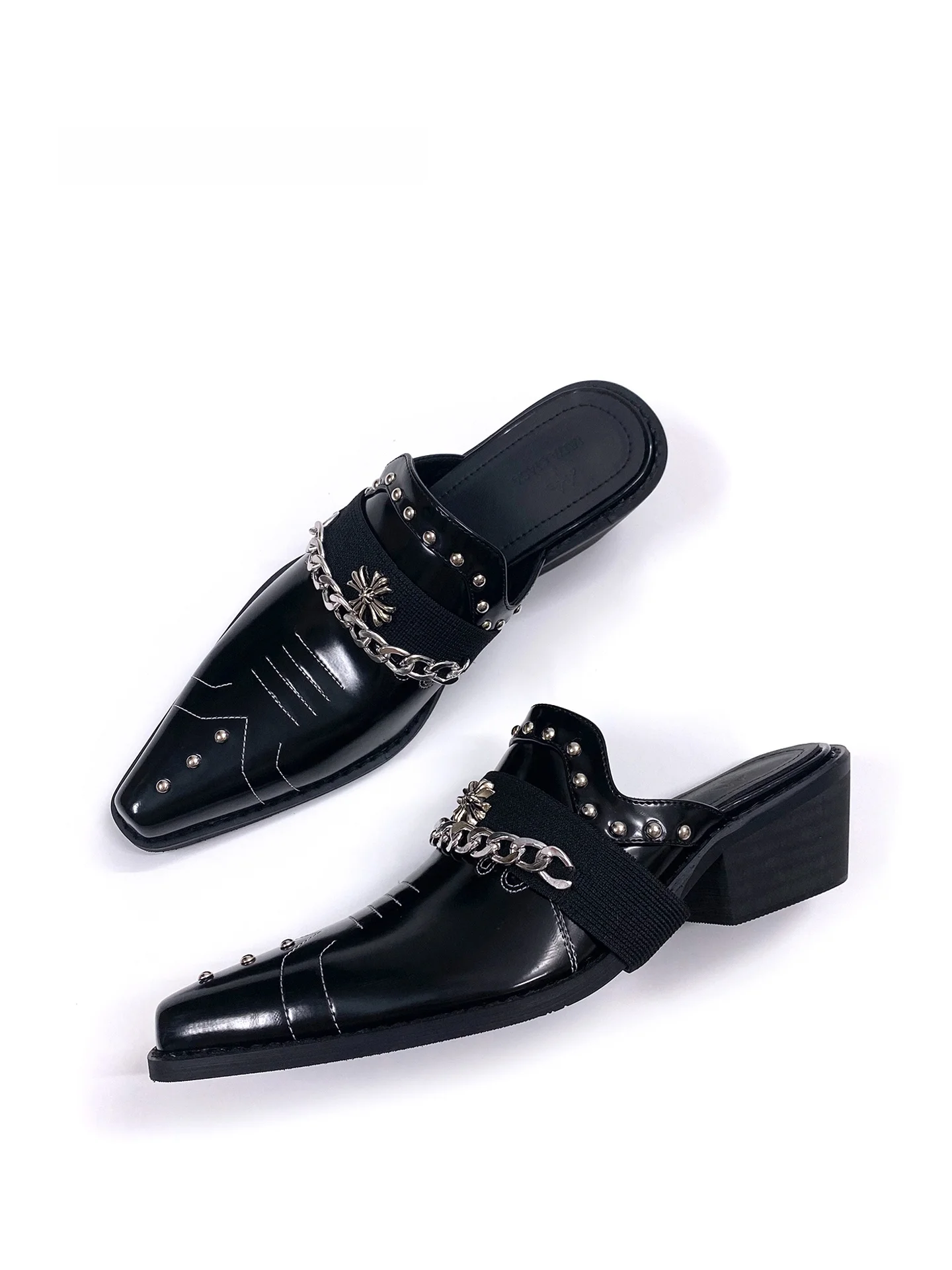 

Original Y2K Punk Style High Heel Mules Unisex Black Unique Personality Half Slippers Fashionable Sharp Pointed Toe Rubber Sole