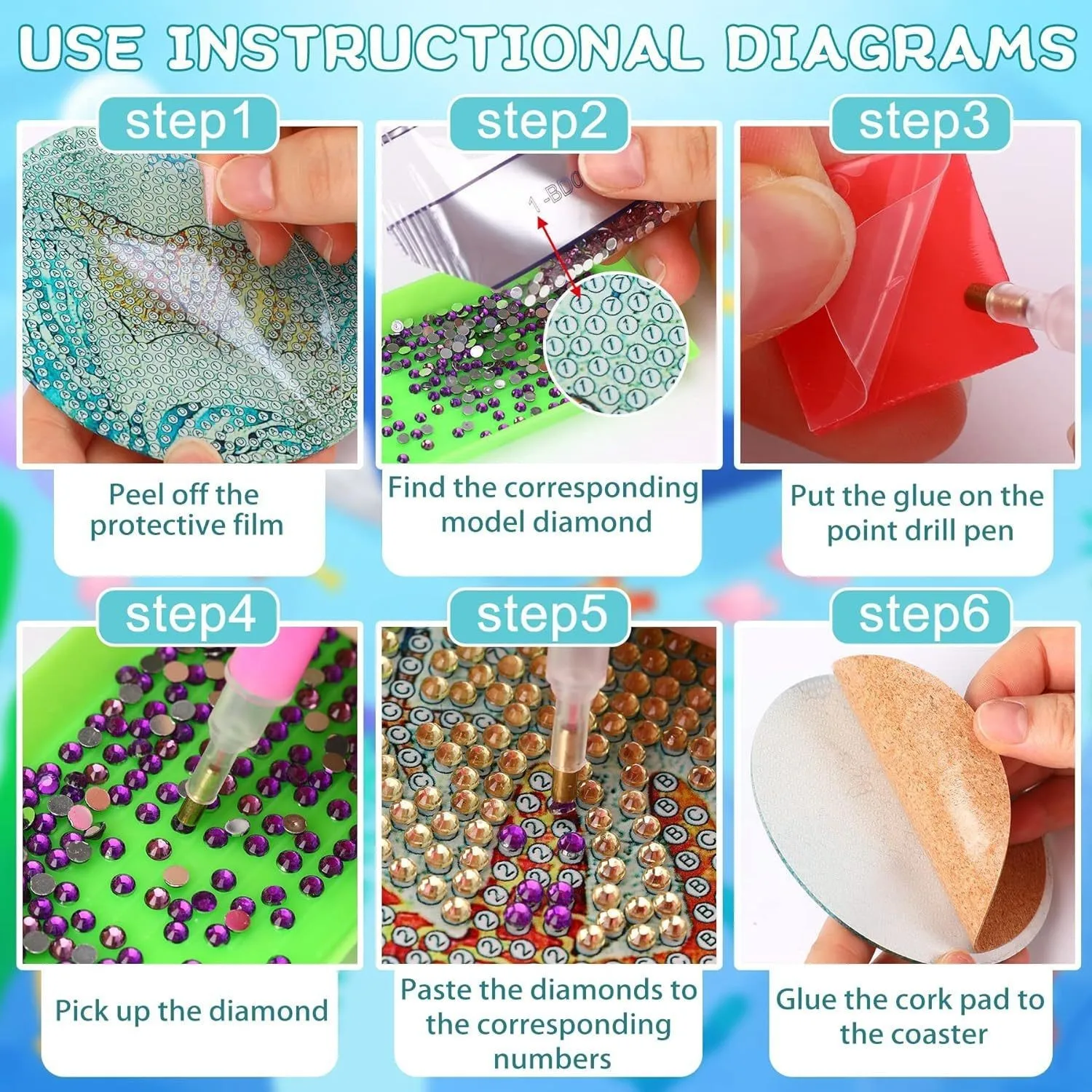 مجموعة قواعد أكواب مطلية بالألماس DIY ذات شكل دائري تتميز بنمط غرزة كرتونية لتزيين المنزل