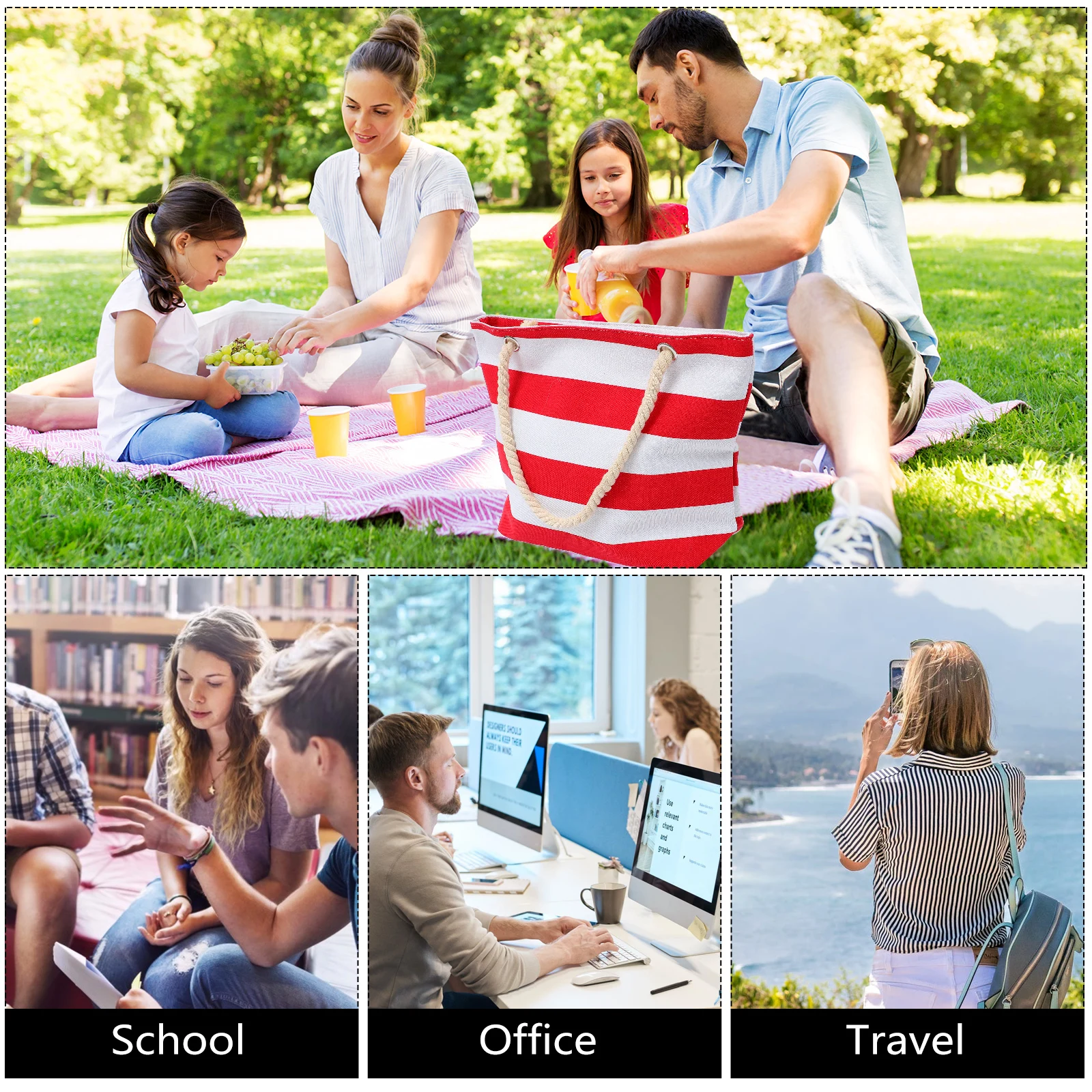 

Striped Canvas Bag Hemp Rope Storage Shopping Tote Soft Large Capacity Eco-friendly Grocery