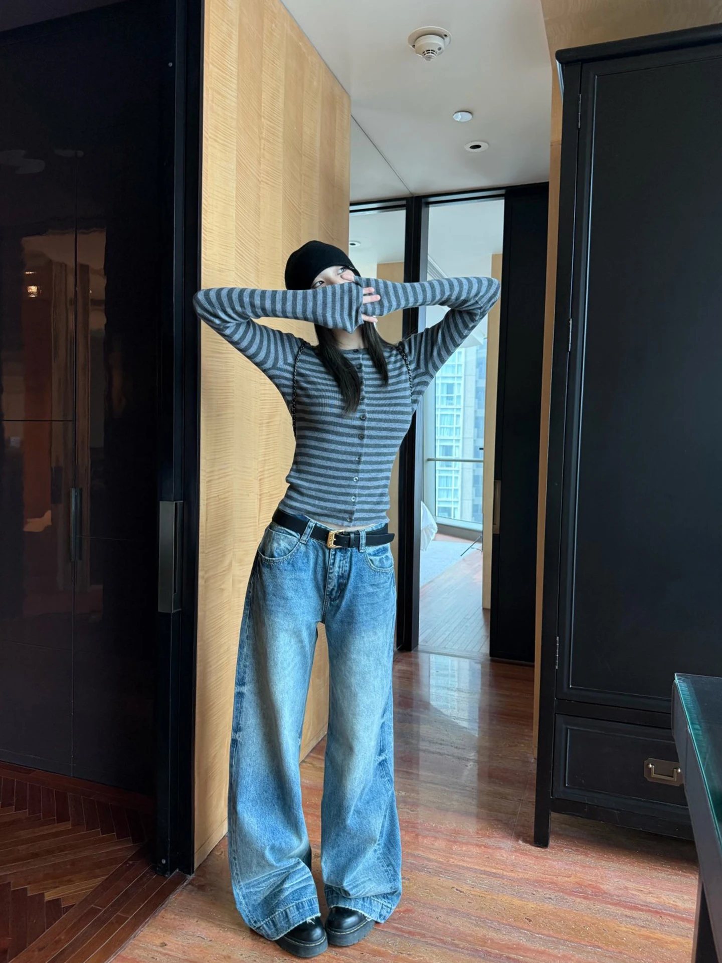 

IceFront, широкие синие джинсы с высокой талией, женские свободные прямые повседневные хлопковые брюки в американском стиле ретро на осень