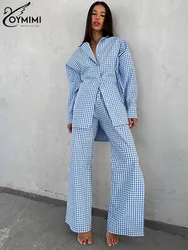 Oymimi eleganti set di cotone blu da donna 2 pezzi con stampa Casual con risvolto a maniche lunghe e set di pantaloni dritti a vita alta