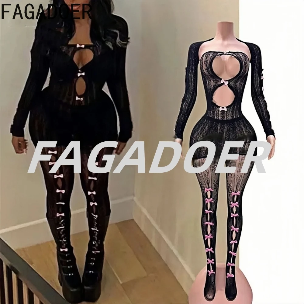 

FAGADOER Sexy Mesh Bow Hollow Bodycon Mini Dress Women Long Sleeve See Though Slim Nightclub Vestidos Black Perspective Clothing