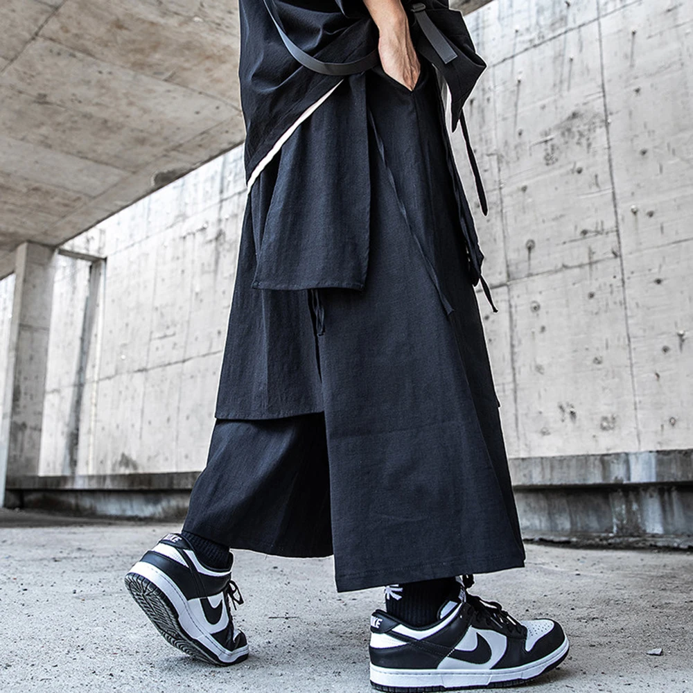 

Mens Dark Layered Patchwork Casual Skirt Pants Streetwear Fashion Niche Japanese Gothic Punk Samurai Wide Leg Pants Men'S Wear