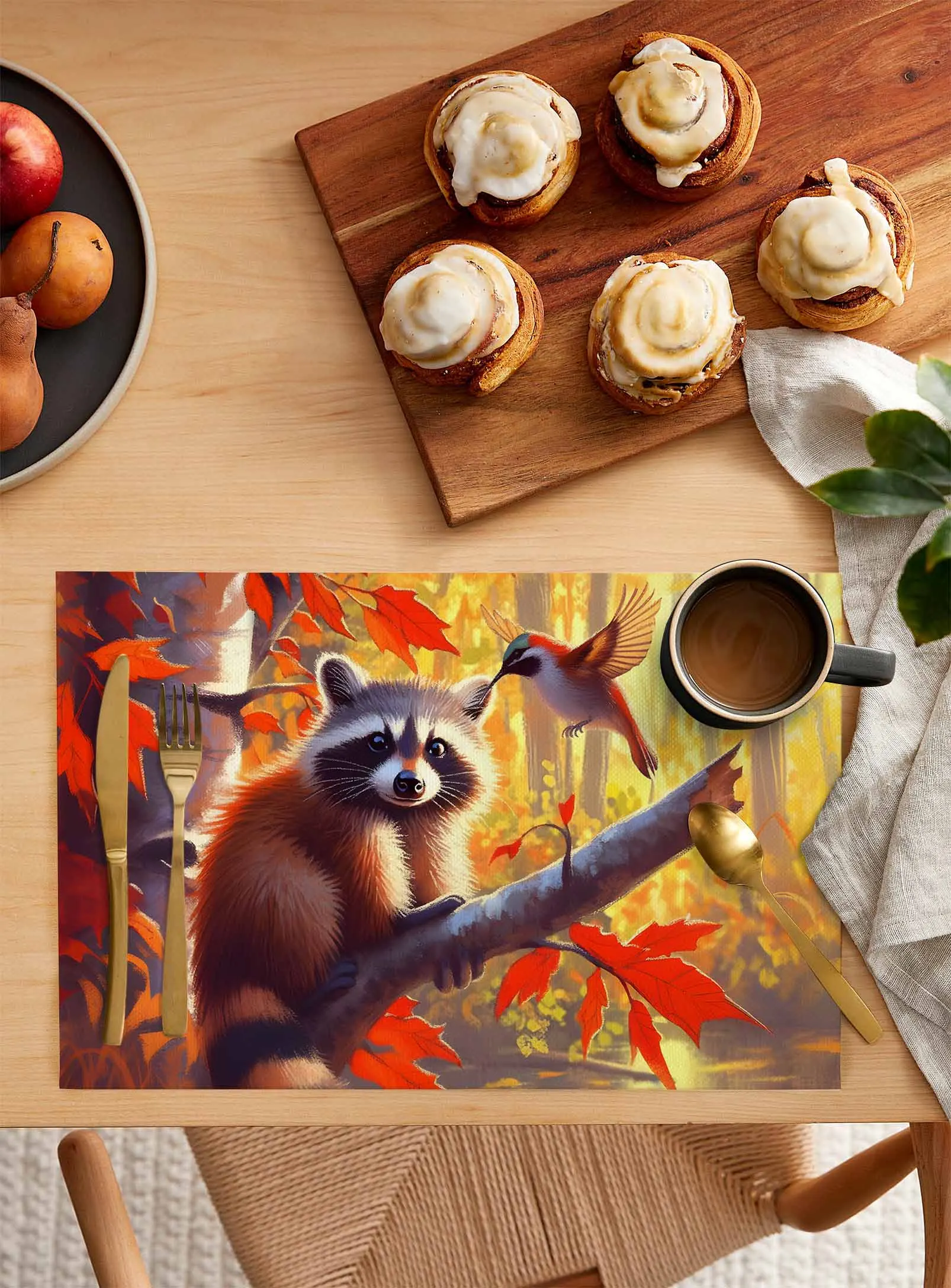 4/6 Pcs Fall Maple Tree Raccoon Hummingbird Kitchen Placemat Dining Table Decor Table Mat Home Decor Coffee Tea Pad Cup