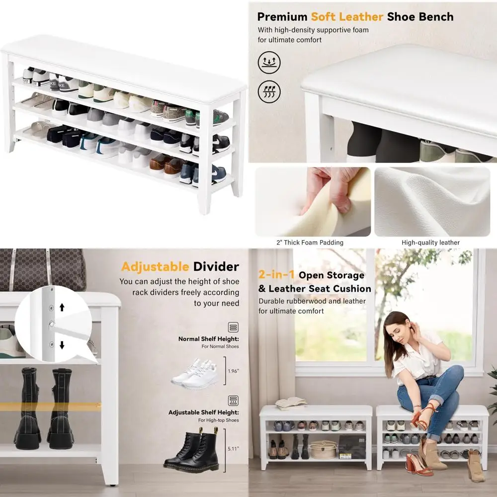 مقعد تخزين الأحذية من الخشب المطاطي مع وسادة جلدية للمدخل، مثالي لرفوف الأحذية في الممر بالقرب من الأبواب الأمامية وغرف الطين
