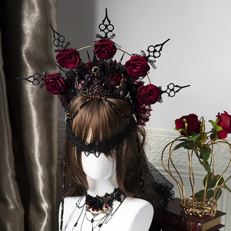Original Sweet Cool Lolita Handmade Halloween Dack Gothic Pointer Crown Lolita Rose Rhinestone Headband Veil Accessories Women