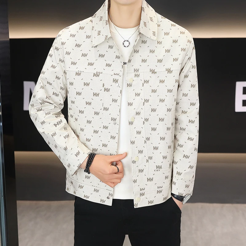 

Spring Autumn Fashion Print Jacket for Men Multi Pocket Lapel Casual Shirt Jackets Versatile Casual Youth Outwear Coats