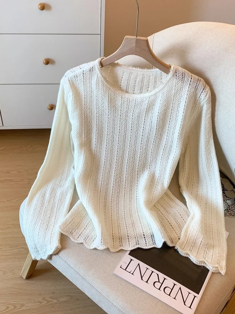 

mat Hollow out Knitted Sweater Women's Autumn Gentle Sle New Slimming Long Sve Top Small Size Bead Embellied