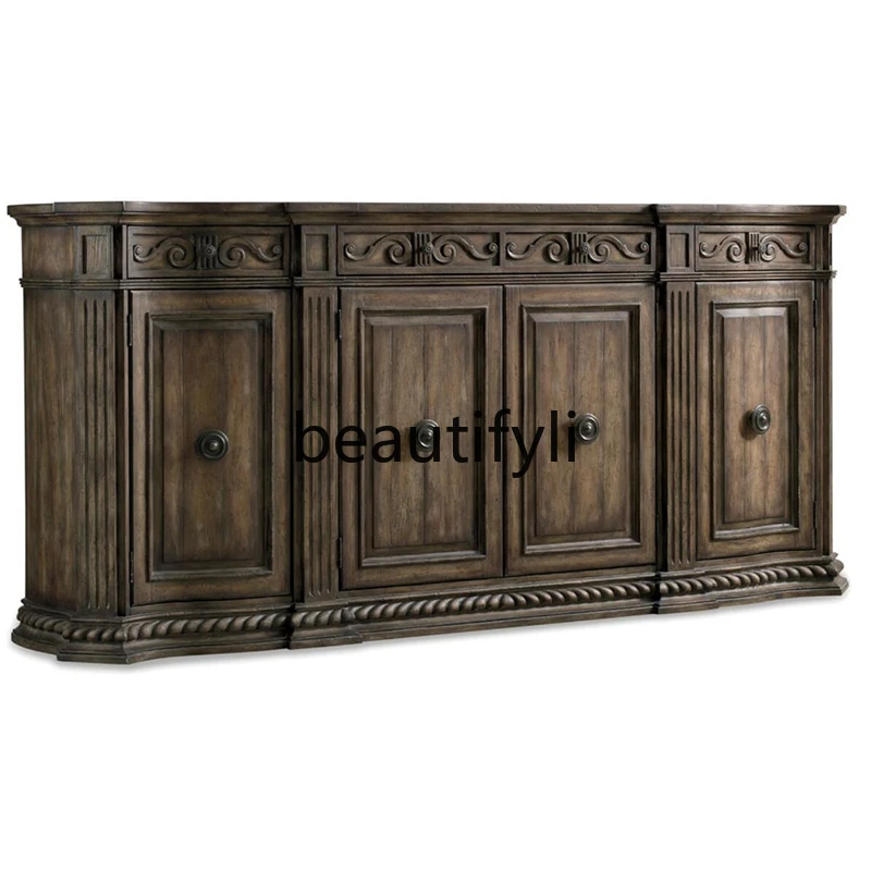 

American rural solid wood carving flower retro old 4 doors curved entrance cabinet foyer storage side cabinet