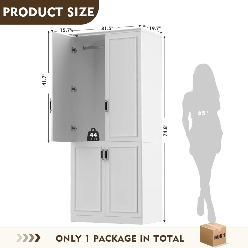 

74.8" Large Wardrobe Cabinet with Hanging Rod, Freestanding Modern Bedroom Armoire