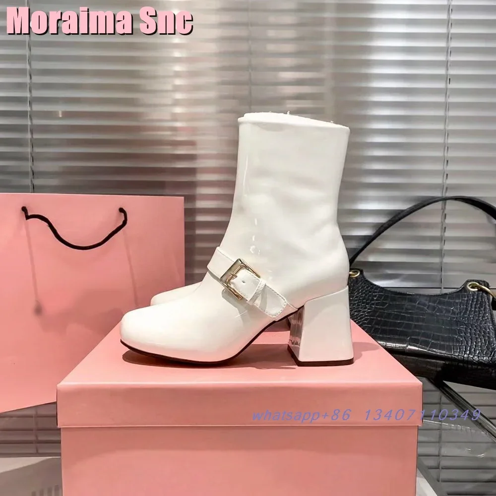 

Round Toe Belt Buckle Ankle Boots Patent Leather Side Zipper Block Chunky Heel White Solid Fashion Women's Short Boots Winter