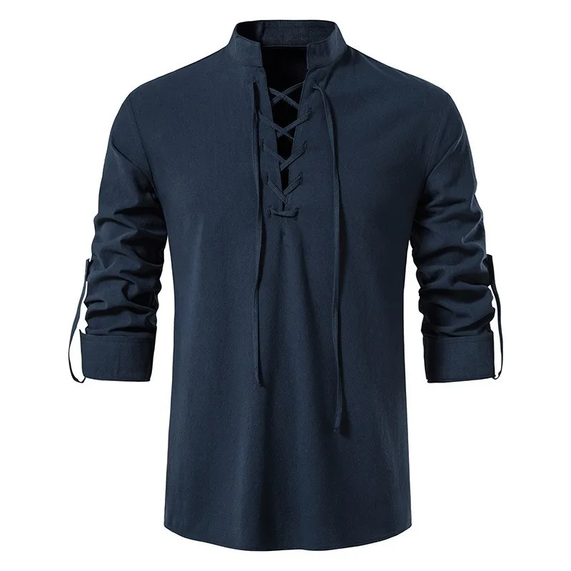 

New Men's Casual Blouse Cotton Linen Shirts for Men Tops Long Sleeve Tee Shirt Spring Autumn SlantedPlacket Vintage Yoga Shirts