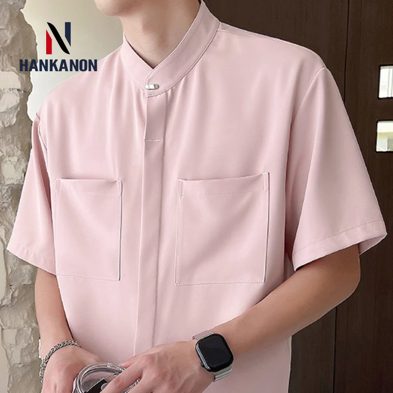 Chinese-style Stand-up Collar Hidden Button Ice Silk Short-sleeved Shirt for Men, Daily Casual Loose-fitting Breathable Shirt.