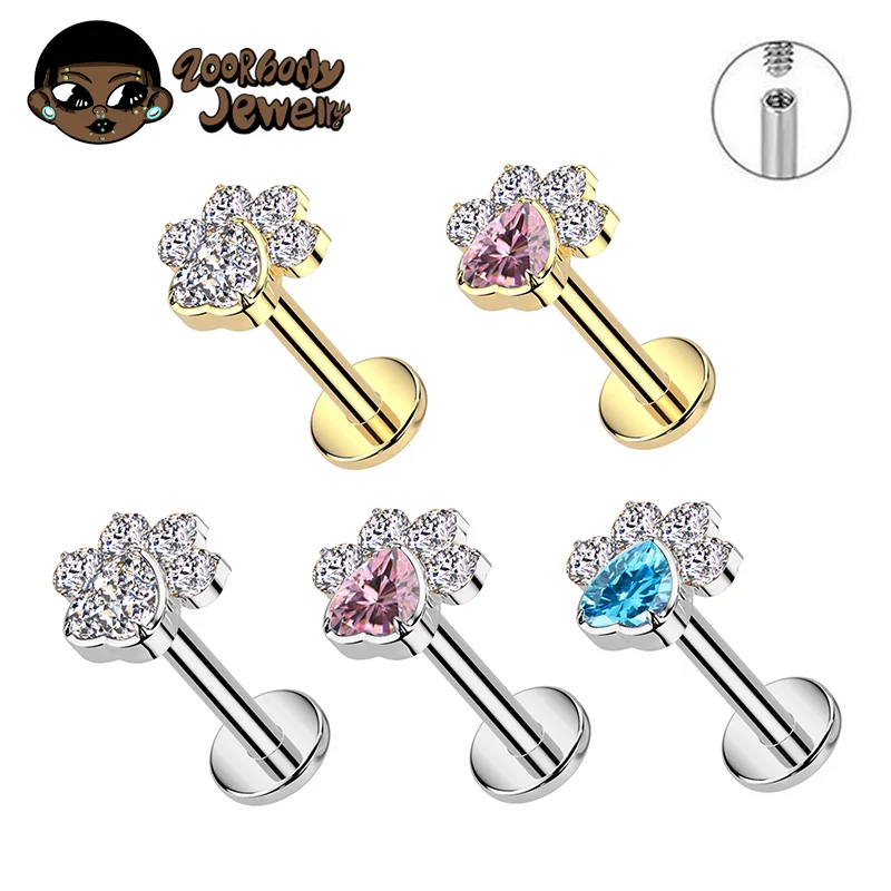 F136 TItanium Heart Zircon Cat Paw Print Lip Piercing Inner Thread Lab Cute Sweet Earrings Helix Flat Lobe Tragus Earring Nose