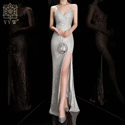 Sexy Elegant V Neck Sequin Long Evening Dresses 2024 New Women Formal Dress Party Gown Bodycon Maxi Prom Dress Mermaid Dress