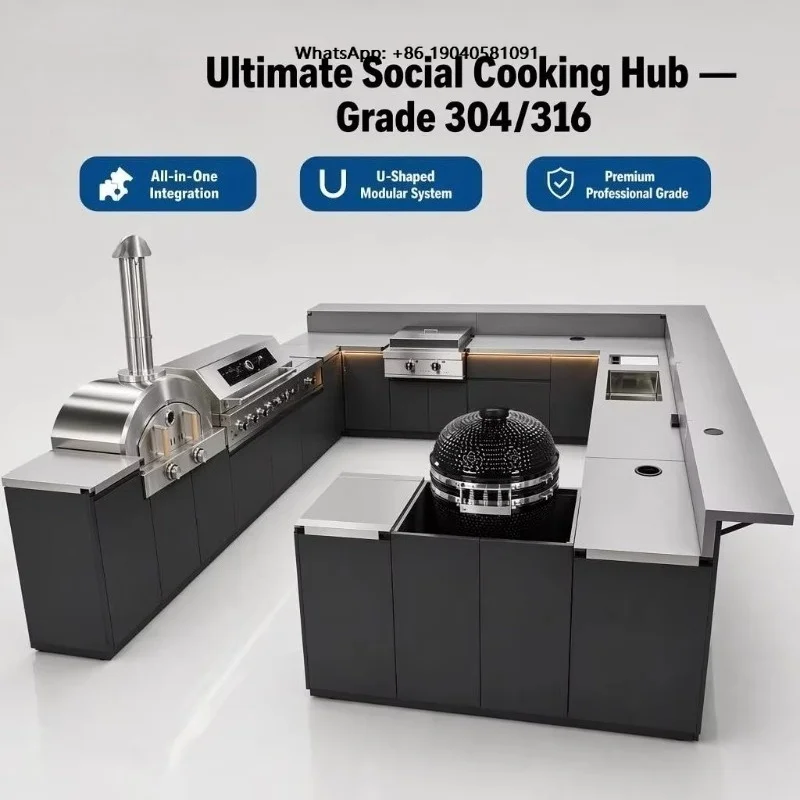 Modular U-Shaped Modern Stainless Steel Outdoor Kitchen Island Natural Gas BBQ Grill Durable Waterproof 6-Burner Cabinet Sink