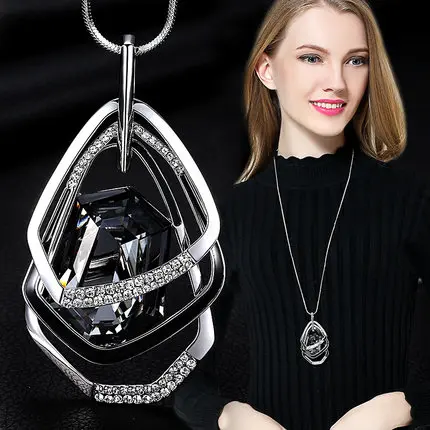 Gold&Silver Color Rhinestone Long Necklace Vintage Punk Triangle Square Oval Crystal Glass Pendant Necklaces Women Jewelry