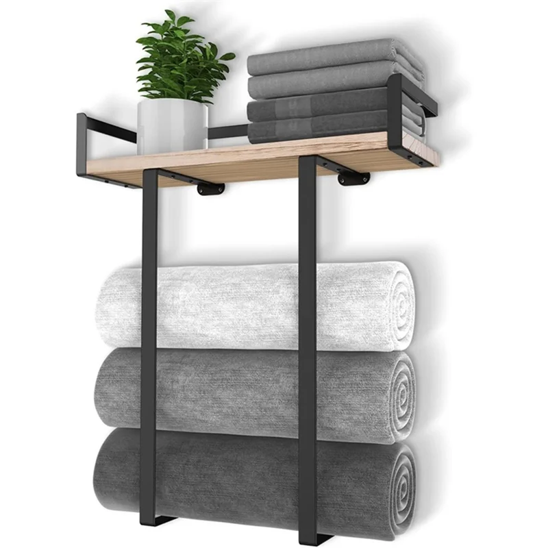 

1 Piece Towel Racks Metal Towel Holder Towel Racks For Bathroom Wall Mounted With Wooden Shelf For Folding Towels,Black