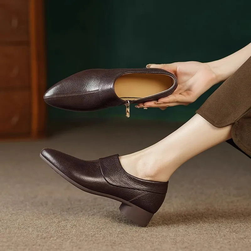 

Туфли женские на среднем каблуке, Профессиональные Кожаные Туфли-оксфорды, заостренный носок, на молнии, удобные, Нескользящие, летняя обувь