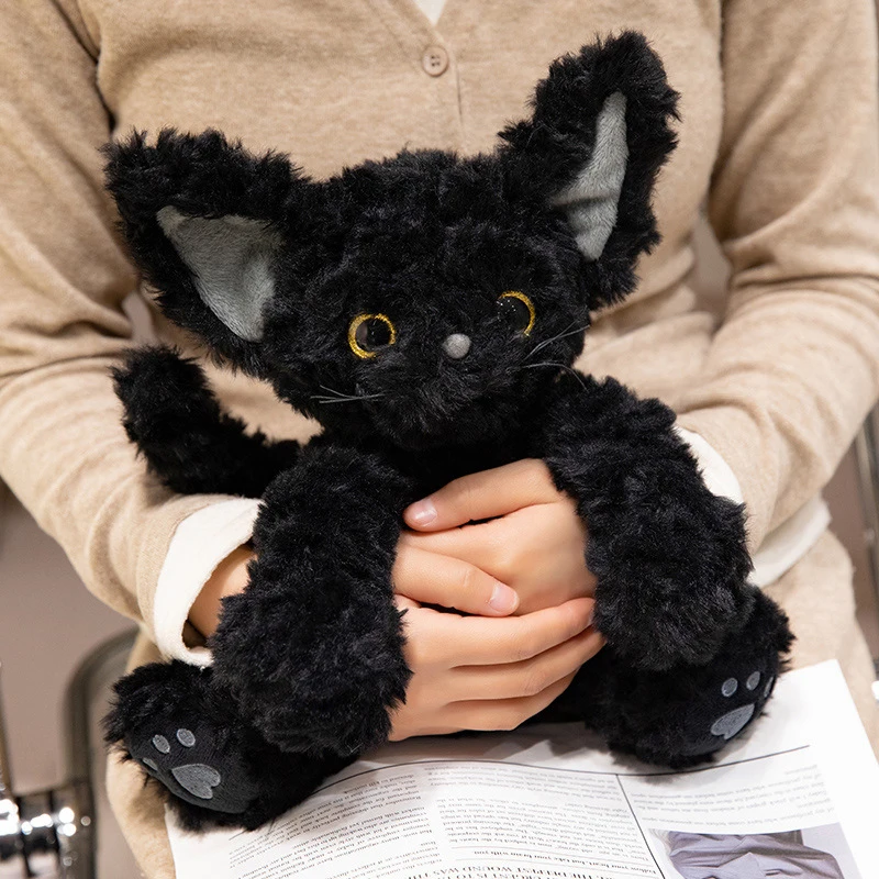 Jouet en peluche de chat noir bouclé allemand de dessin animé, oreiller de jet de beurre de chaton mignon, chambre à coucher, salon, cadeau de petite amie, cadeaux d'enfant