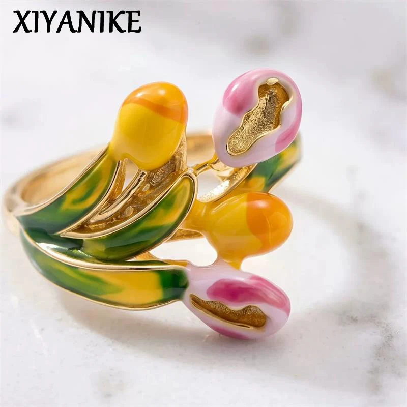 XIYANIKE Romantic Colorful Tulips Enamel Glaze Flower Adjustable Finger Rings For Women Fashion New Jewelry Gift Party кольцо