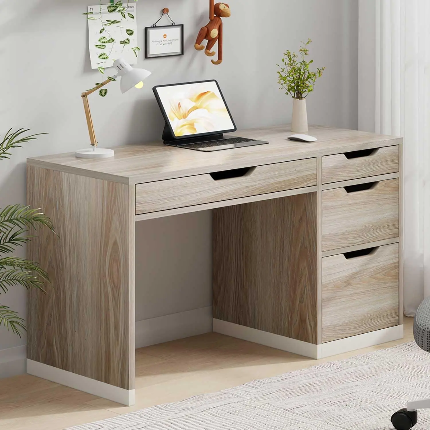 48 Inch Computer Desk with 4 Drawers, Natural Oak