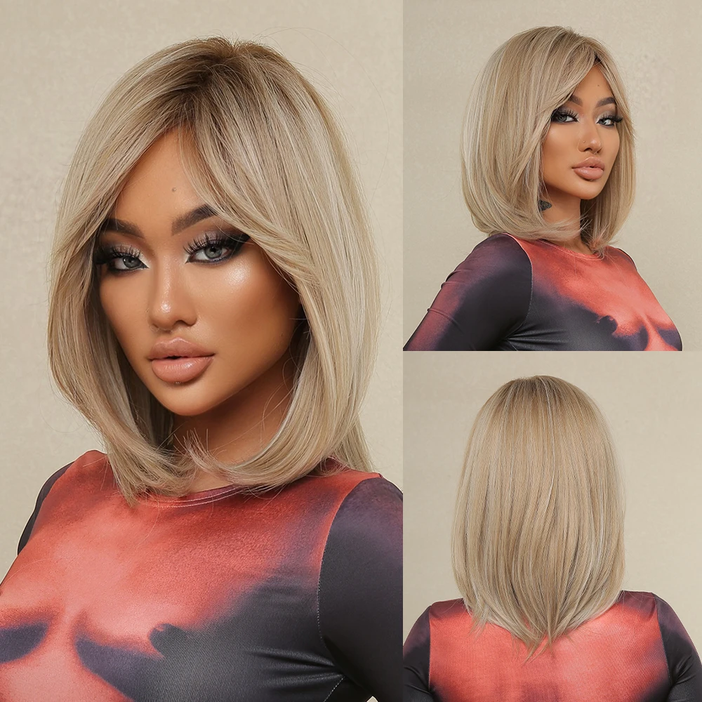 

ALAN EATON Layered Synthetic Wigs with Bangs Straight Short Highlights Blonde Hair Wig with for Women Natural Daily Cosplay Wigs