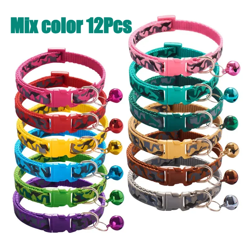 12Pcs Pet Dog Collar Colorful Pattern Camouflage Cute Bell Adjustable Collars for Dogs Cats Puppy Pets Accessories Kitten Items