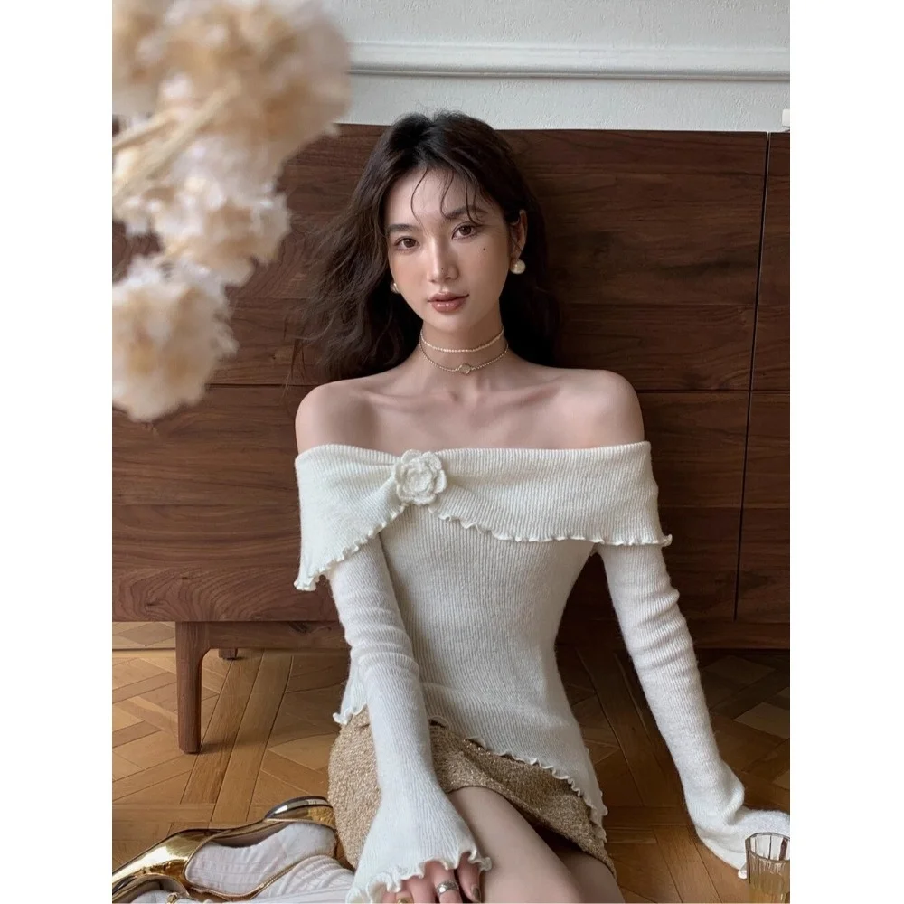 

Korean Sle Floral One oulder Knitted Sweater Women's Slimming Faion Asymmetrical Design Spring Commute Wind Long Sve