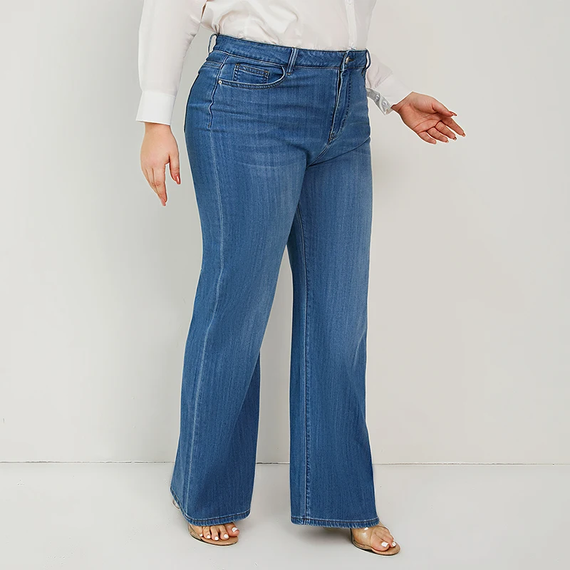 2022 Plus Size Jeans donna gamba larga vestibilità dritta vita alta lavaggio elastico lunghezza intera 175cms Jeans alti curva Jeans donna