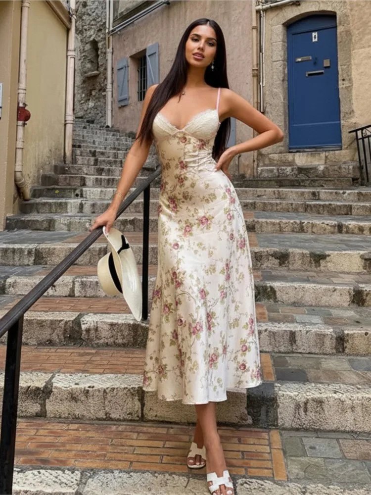 

French Vacation Sexy V-neck Lace Suspender Dress A-line Floral Print Vestidos Backless Patchwork Bodycon color Colorful Trendy