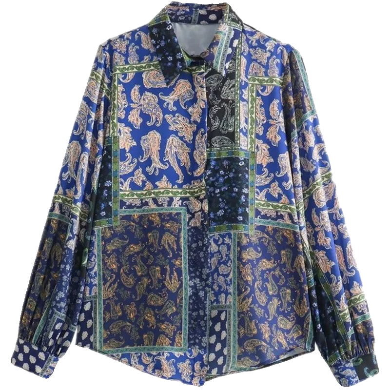 Wiosenna Nowa Damska Luźna Koszula Casualowa z Nadrukiem Patchworkowym, Wykonana z Jedwabiu o Wzciecz Satynowej, Wygodna, o Prostym Kroju, Długa, z Kołnierzykiem.