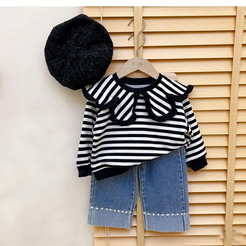 Mädchen Gestreiftes Oberteil mit Schleifenkragen + Perlen-Denim-Jeans 2-teiliges Outfit-Set Kinder Modekleidung Frühling Herbst 4-12 Jahre – Detail 3