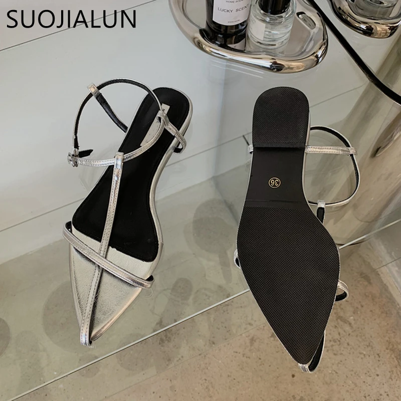 SUOJIALUN 2022 New Brand Women Sandal Fashion Narrow Band Flat Heel Ladies Gladiator Shoes Pointed Toe Ankle Buckle Zapatos Muje