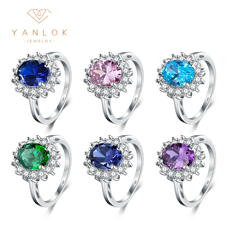 

YANLOK Oval 925 Sterling Silver 5A Cubic Zirconia Multi-Color Flower shaped Engagement Ring for Women Fine Jewelry Gift