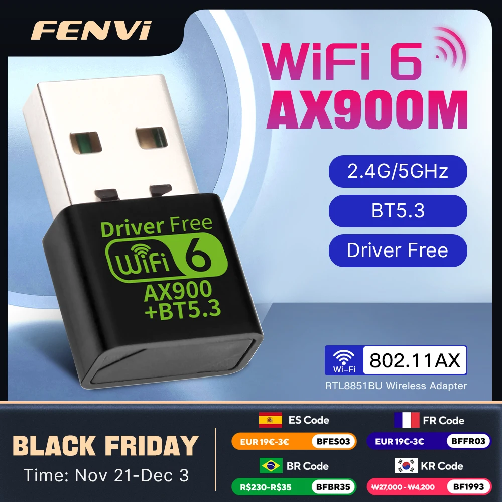 WiFi 6 AX900 Bluetooth 5.3 WiFi USB Adapter Wireless Dual Band 2.4G&5GHz Wi-Fi Antenna USB For PC/Laptop Win10/11 Driver Free