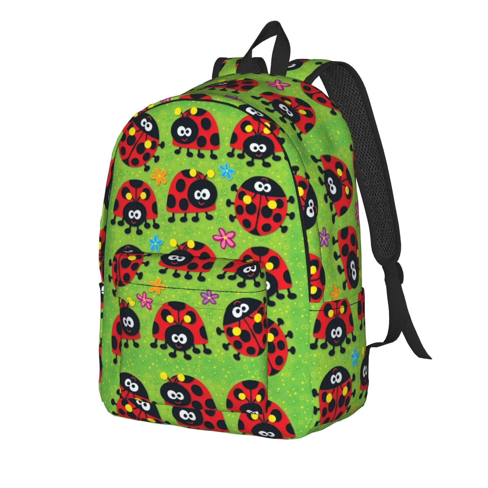 Ladybugs And Flowers Backpack Men  Breathable Backpacks Polyester Aesthetic School Bags Camping Colorful Rucksack