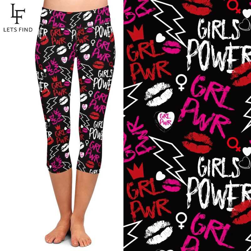 LETSFIND Summer New Women  Capri Leggings High Waist Letters and Lips Print Sexy Mid-Calf Stretch Leggings