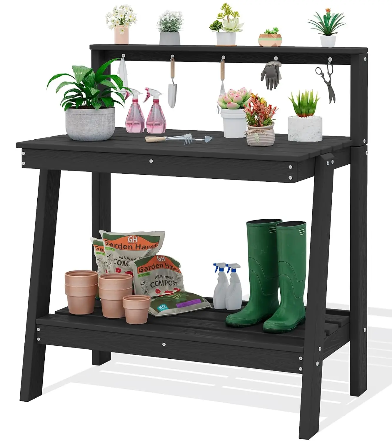 3-Tier Outdoor Potting Bench Table with Storage, Waterproof HDPE Structure Spacious Tool Hooks for Garden Use, Customized
