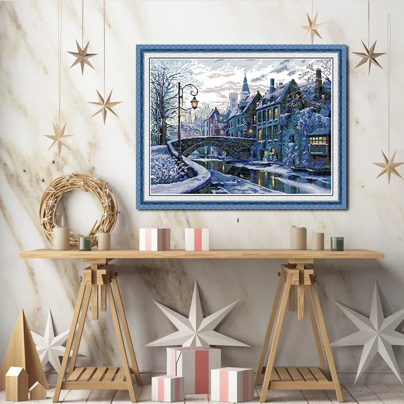 

Joy Sunday Winter Evening Pattern Printed Cross Stitch Kits Aida Cloth 16CT 14CT Fabric DIY Craft Needle Hand Embroidery Sets