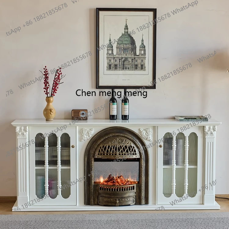 

French solid wood fireplace TV cabinet Villa living room simulated fire heating fireplace decorative cabinet